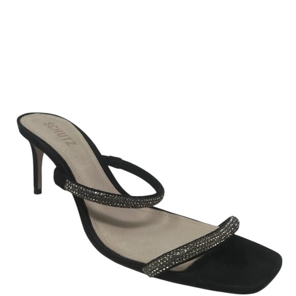 New Schutz Taleen Black Crystal Strap Open Square Toe Heeled Mules 9 Evening - Picture 1 of 13